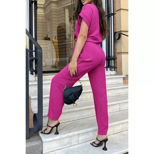 imagePRETTYGARDEN Womens Jumpsuit Casual Short Sleeve Wrap V Neck Belted Wide Leg PantsRose Red