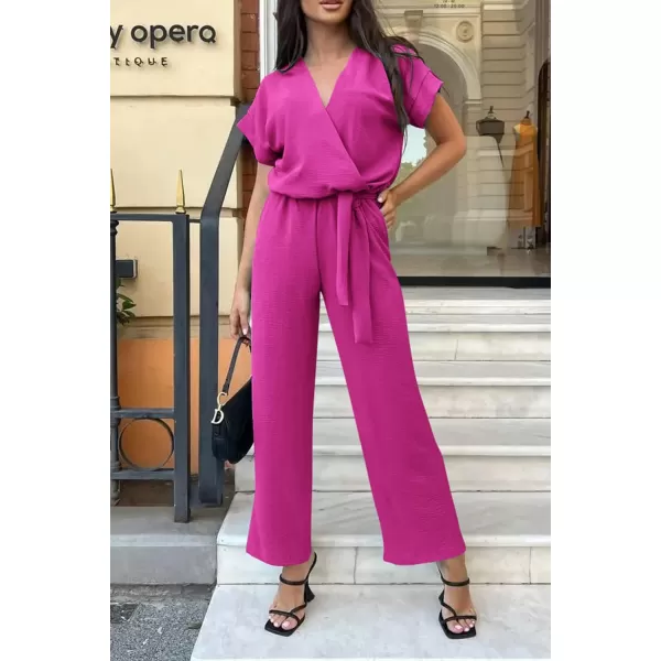 imagePRETTYGARDEN Womens Jumpsuit Casual Short Sleeve Wrap V Neck Belted Wide Leg PantsRose Red