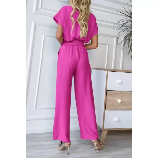 imagePRETTYGARDEN Womens Jumpsuit Casual Short Sleeve Wrap V Neck Belted Wide Leg PantsRose Red