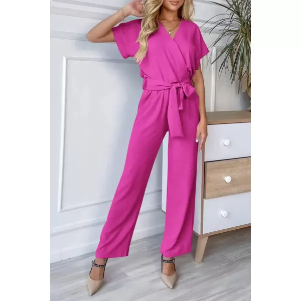imagePRETTYGARDEN Womens Jumpsuit Casual Short Sleeve Wrap V Neck Belted Wide Leg PantsRose Red