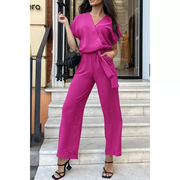 imagePRETTYGARDEN Womens Jumpsuit Casual Short Sleeve Wrap V Neck Belted Wide Leg PantsRose Red