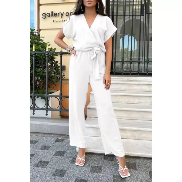 imagePRETTYGARDEN Womens Jumpsuit Casual Short Sleeve Wrap V Neck Belted Wide Leg PantsWhite