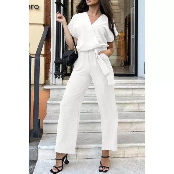 imagePRETTYGARDEN Womens Jumpsuit Casual Short Sleeve Wrap V Neck Belted Wide Leg PantsWhite