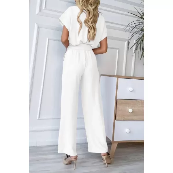imagePRETTYGARDEN Womens Jumpsuit Casual Short Sleeve Wrap V Neck Belted Wide Leg PantsWhite