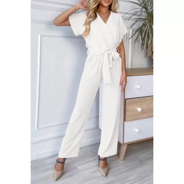 imagePRETTYGARDEN Womens Jumpsuit Casual Short Sleeve Wrap V Neck Belted Wide Leg PantsWhite