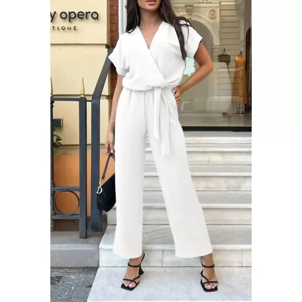 imagePRETTYGARDEN Womens Jumpsuit Casual Short Sleeve Wrap V Neck Belted Wide Leg PantsWhite