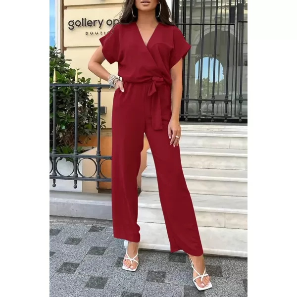 imagePRETTYGARDEN Womens Jumpsuit Casual Short Sleeve Wrap V Neck Belted Wide Leg PantsWine Red