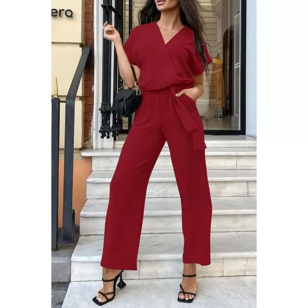 imagePRETTYGARDEN Womens Jumpsuit Casual Short Sleeve Wrap V Neck Belted Wide Leg PantsWine Red