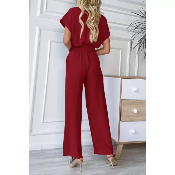 imagePRETTYGARDEN Womens Jumpsuit Casual Short Sleeve Wrap V Neck Belted Wide Leg PantsWine Red