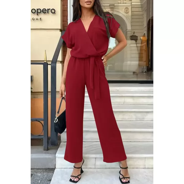 imagePRETTYGARDEN Womens Jumpsuit Casual Short Sleeve Wrap V Neck Belted Wide Leg PantsWine Red