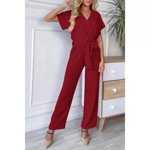 imagePRETTYGARDEN Womens Jumpsuit Casual Short Sleeve Wrap V Neck Belted Wide Leg PantsWine Red