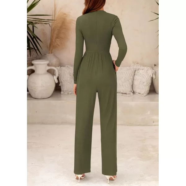 imagePRETTYGARDEN Womens Jumpsuit Dressy Casual One Piece Outfits Long Sleeve Mock Neck Wide Leg Pants RompersArmy Green