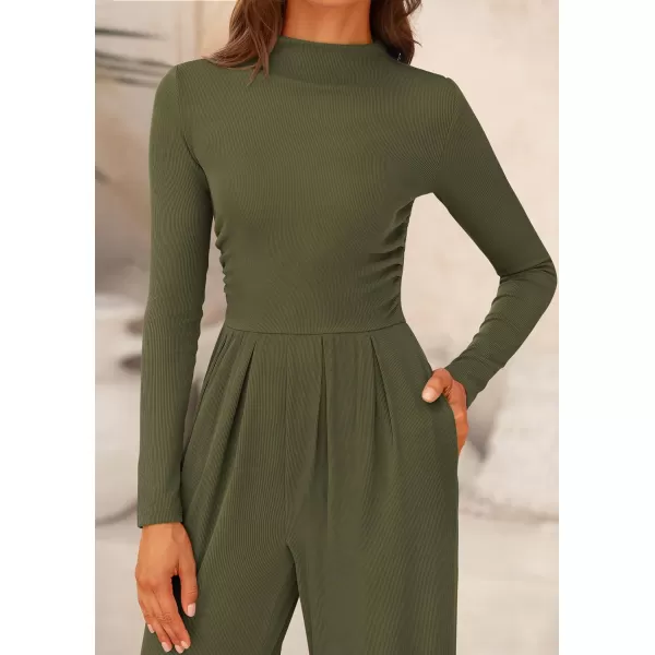 imagePRETTYGARDEN Womens Jumpsuit Dressy Casual One Piece Outfits Long Sleeve Mock Neck Wide Leg Pants RompersArmy Green