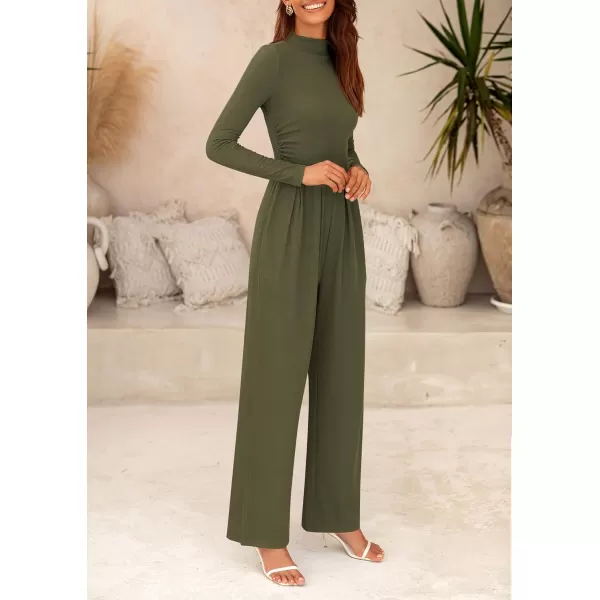 imagePRETTYGARDEN Womens Jumpsuit Dressy Casual One Piece Outfits Long Sleeve Mock Neck Wide Leg Pants RompersArmy Green