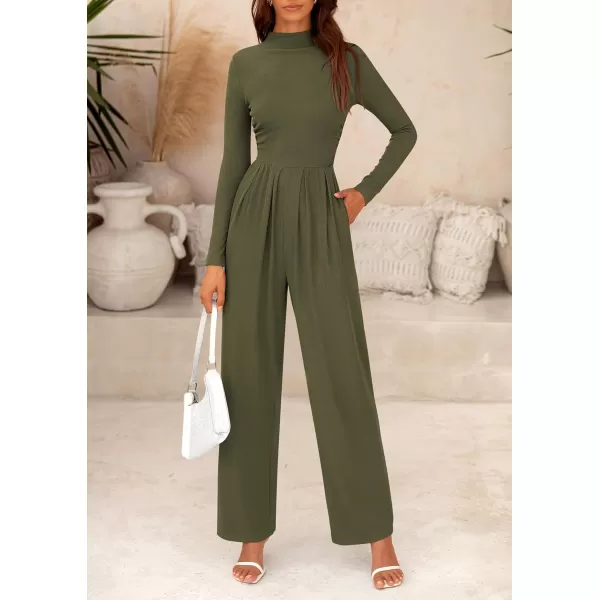 imagePRETTYGARDEN Womens Jumpsuit Dressy Casual One Piece Outfits Long Sleeve Mock Neck Wide Leg Pants RompersArmy Green