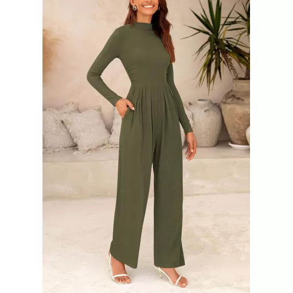 imagePRETTYGARDEN Womens Jumpsuit Dressy Casual One Piece Outfits Long Sleeve Mock Neck Wide Leg Pants RompersArmy Green