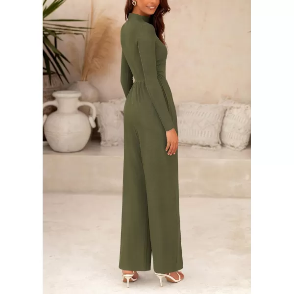 imagePRETTYGARDEN Womens Jumpsuit Dressy Casual One Piece Outfits Long Sleeve Mock Neck Wide Leg Pants RompersArmy Green