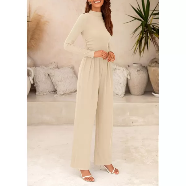 imagePRETTYGARDEN Womens Jumpsuit Dressy Casual One Piece Outfits Long Sleeve Mock Neck Wide Leg Pants RompersBeige