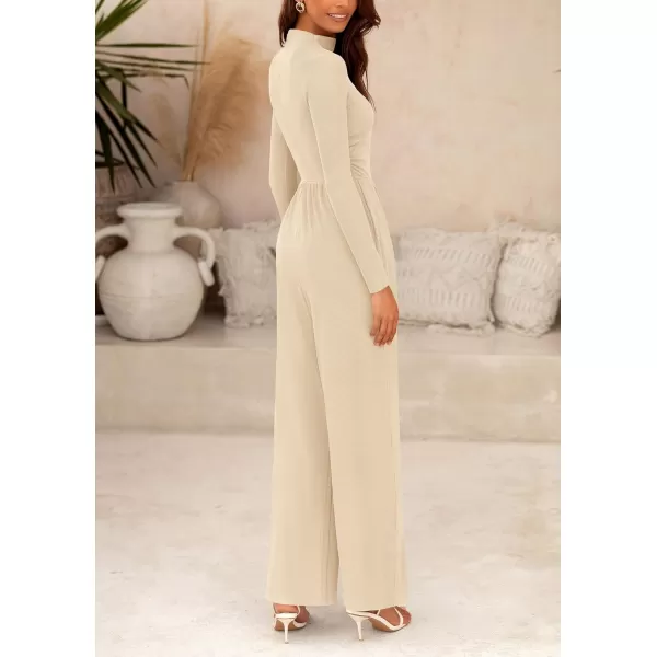 imagePRETTYGARDEN Womens Jumpsuit Dressy Casual One Piece Outfits Long Sleeve Mock Neck Wide Leg Pants RompersBeige