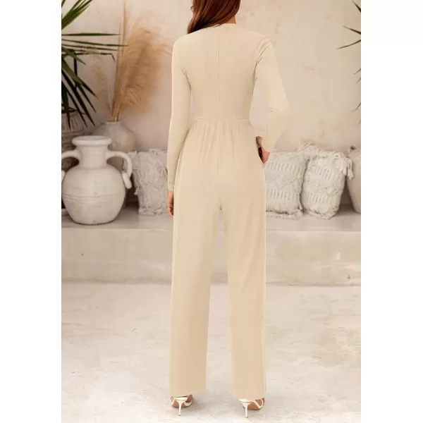 imagePRETTYGARDEN Womens Jumpsuit Dressy Casual One Piece Outfits Long Sleeve Mock Neck Wide Leg Pants RompersBeige