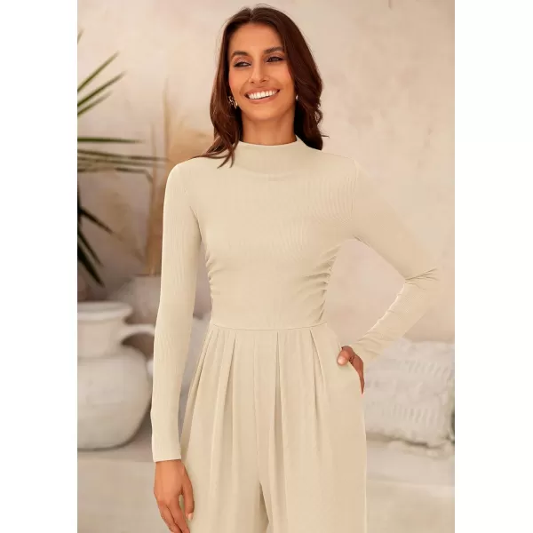 imagePRETTYGARDEN Womens Jumpsuit Dressy Casual One Piece Outfits Long Sleeve Mock Neck Wide Leg Pants RompersBeige