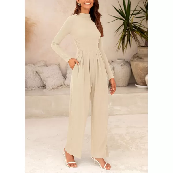 imagePRETTYGARDEN Womens Jumpsuit Dressy Casual One Piece Outfits Long Sleeve Mock Neck Wide Leg Pants RompersBeige