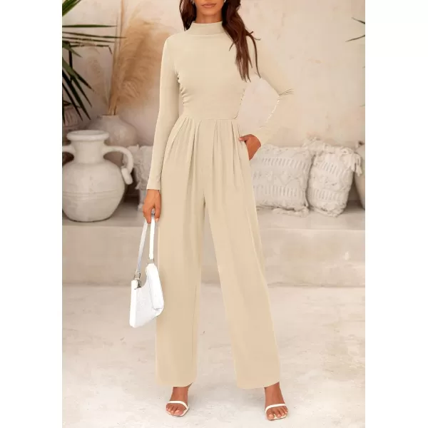 imagePRETTYGARDEN Womens Jumpsuit Dressy Casual One Piece Outfits Long Sleeve Mock Neck Wide Leg Pants RompersBeige