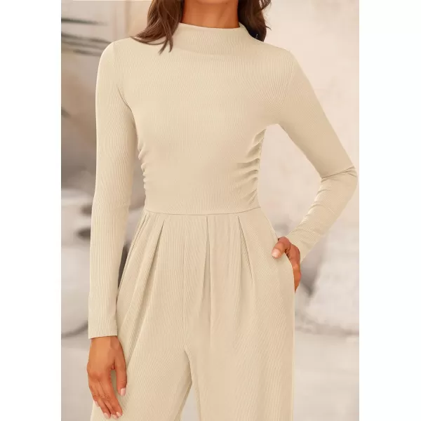 imagePRETTYGARDEN Womens Jumpsuit Dressy Casual One Piece Outfits Long Sleeve Mock Neck Wide Leg Pants RompersBeige