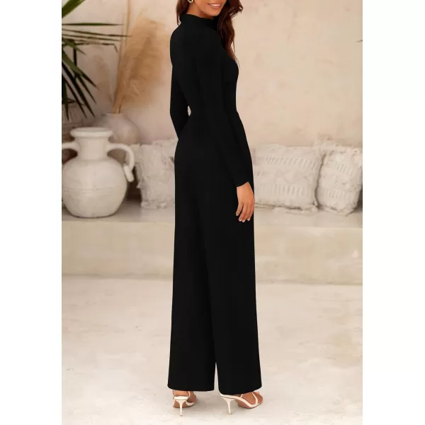 imagePRETTYGARDEN Womens Jumpsuit Dressy Casual One Piece Outfits Long Sleeve Mock Neck Wide Leg Pants RompersBlack