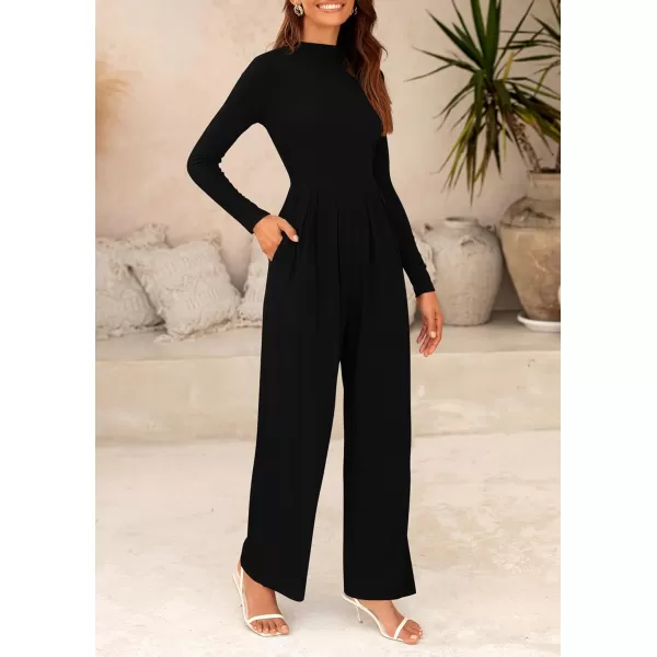 imagePRETTYGARDEN Womens Jumpsuit Dressy Casual One Piece Outfits Long Sleeve Mock Neck Wide Leg Pants RompersBlack