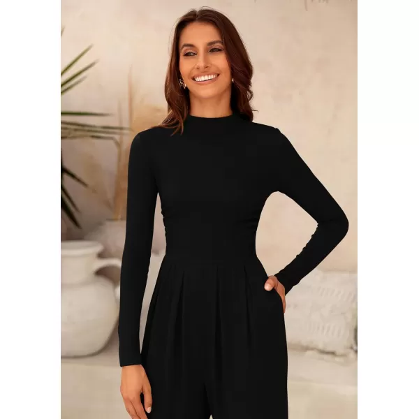 imagePRETTYGARDEN Womens Jumpsuit Dressy Casual One Piece Outfits Long Sleeve Mock Neck Wide Leg Pants RompersBlack