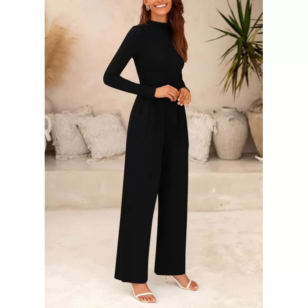 imagePRETTYGARDEN Womens Jumpsuit Dressy Casual One Piece Outfits Long Sleeve Mock Neck Wide Leg Pants RompersBlack