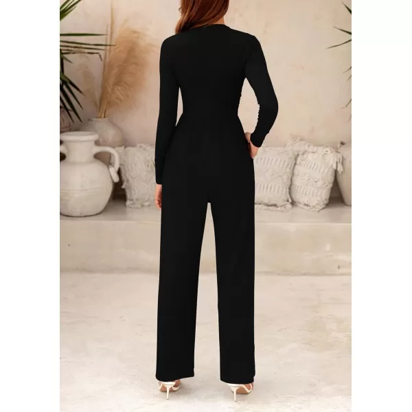 imagePRETTYGARDEN Womens Jumpsuit Dressy Casual One Piece Outfits Long Sleeve Mock Neck Wide Leg Pants RompersBlack