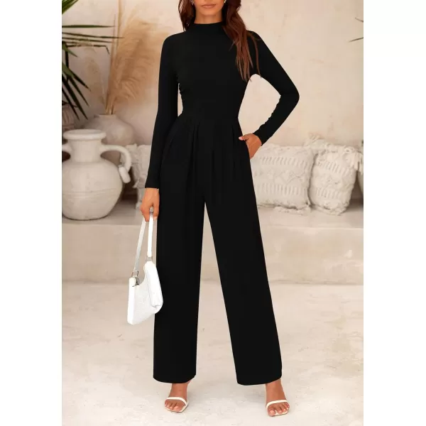 imagePRETTYGARDEN Womens Jumpsuit Dressy Casual One Piece Outfits Long Sleeve Mock Neck Wide Leg Pants RompersBlack