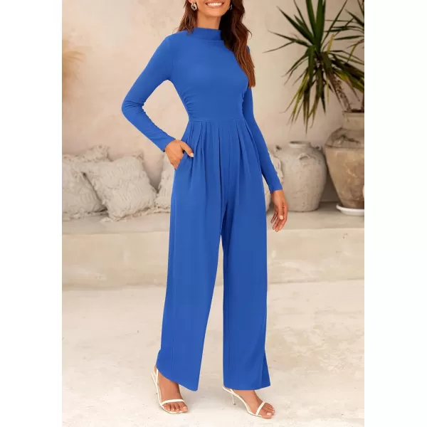 imagePRETTYGARDEN Womens Jumpsuit Dressy Casual One Piece Outfits Long Sleeve Mock Neck Wide Leg Pants RompersBlue