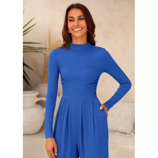 imagePRETTYGARDEN Womens Jumpsuit Dressy Casual One Piece Outfits Long Sleeve Mock Neck Wide Leg Pants RompersBlue