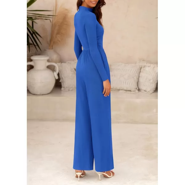 imagePRETTYGARDEN Womens Jumpsuit Dressy Casual One Piece Outfits Long Sleeve Mock Neck Wide Leg Pants RompersBlue