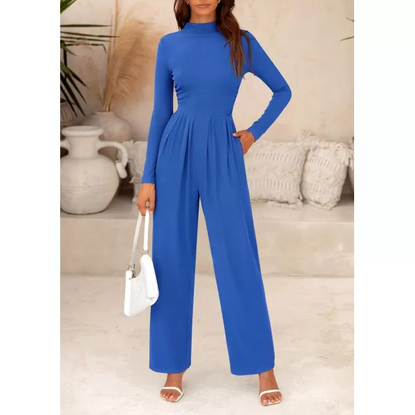 imagePRETTYGARDEN Womens Jumpsuit Dressy Casual One Piece Outfits Long Sleeve Mock Neck Wide Leg Pants RompersBlue