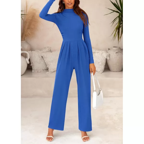 imagePRETTYGARDEN Womens Jumpsuit Dressy Casual One Piece Outfits Long Sleeve Mock Neck Wide Leg Pants RompersBlue