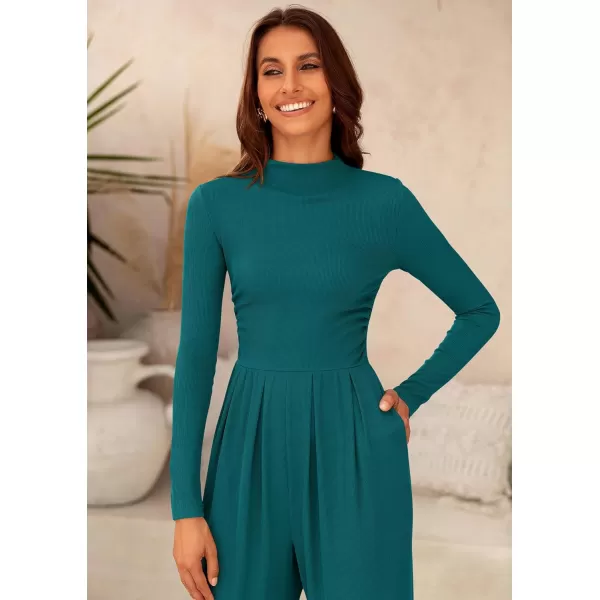 imagePRETTYGARDEN Womens Jumpsuit Dressy Casual One Piece Outfits Long Sleeve Mock Neck Wide Leg Pants RompersBlue Green
