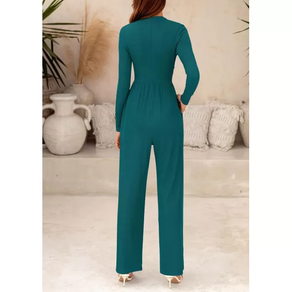 imagePRETTYGARDEN Womens Jumpsuit Dressy Casual One Piece Outfits Long Sleeve Mock Neck Wide Leg Pants RompersBlue Green