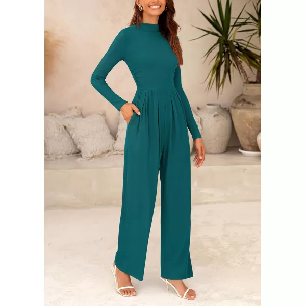 imagePRETTYGARDEN Womens Jumpsuit Dressy Casual One Piece Outfits Long Sleeve Mock Neck Wide Leg Pants RompersBlue Green