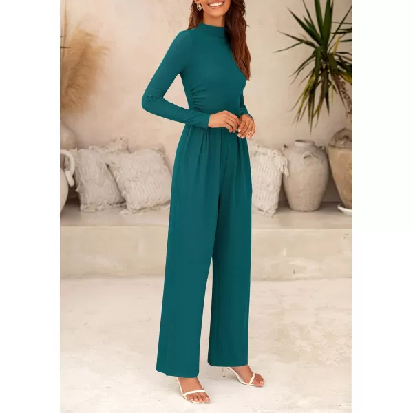 imagePRETTYGARDEN Womens Jumpsuit Dressy Casual One Piece Outfits Long Sleeve Mock Neck Wide Leg Pants RompersBlue Green