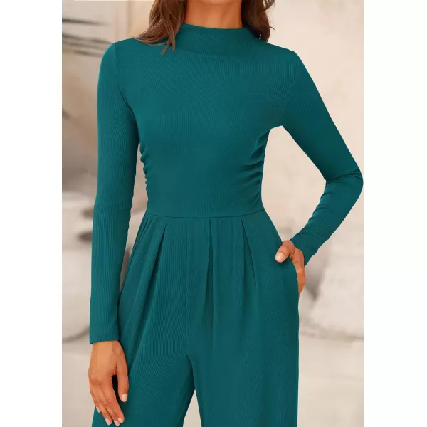 imagePRETTYGARDEN Womens Jumpsuit Dressy Casual One Piece Outfits Long Sleeve Mock Neck Wide Leg Pants RompersBlue Green