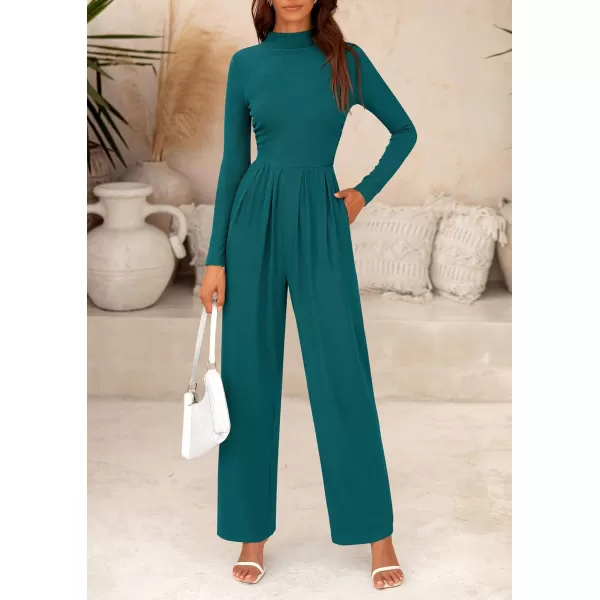 imagePRETTYGARDEN Womens Jumpsuit Dressy Casual One Piece Outfits Long Sleeve Mock Neck Wide Leg Pants RompersBlue Green