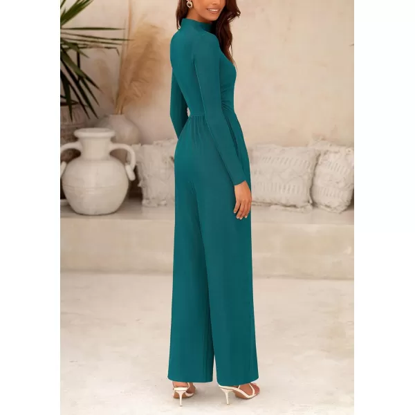 imagePRETTYGARDEN Womens Jumpsuit Dressy Casual One Piece Outfits Long Sleeve Mock Neck Wide Leg Pants RompersBlue Green