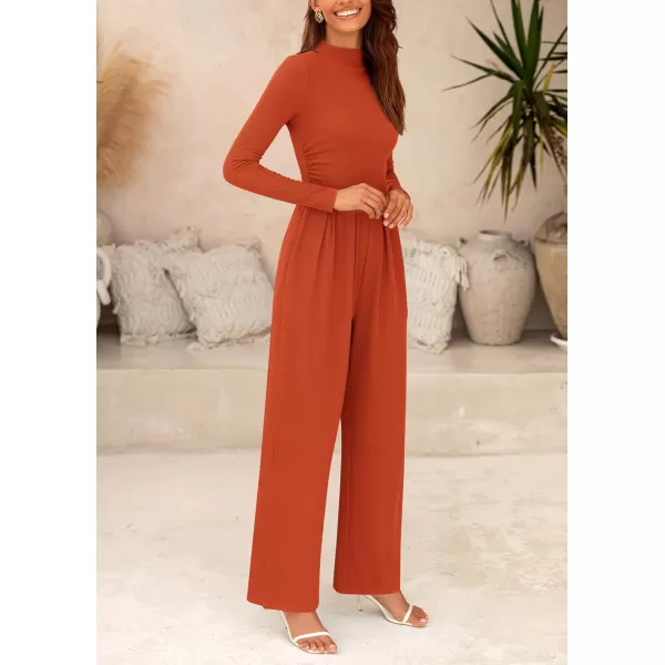 imagePRETTYGARDEN Womens Jumpsuit Dressy Casual One Piece Outfits Long Sleeve Mock Neck Wide Leg Pants RompersBrick Red
