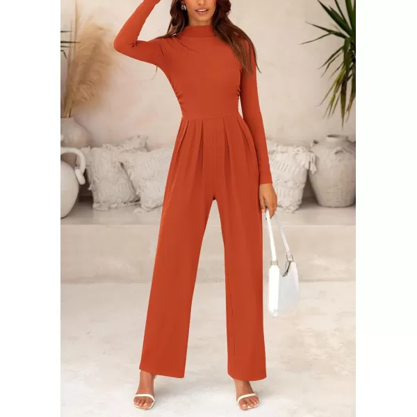imagePRETTYGARDEN Womens Jumpsuit Dressy Casual One Piece Outfits Long Sleeve Mock Neck Wide Leg Pants RompersBrick Red