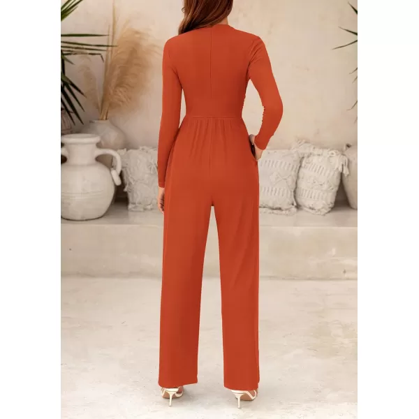 imagePRETTYGARDEN Womens Jumpsuit Dressy Casual One Piece Outfits Long Sleeve Mock Neck Wide Leg Pants RompersBrick Red