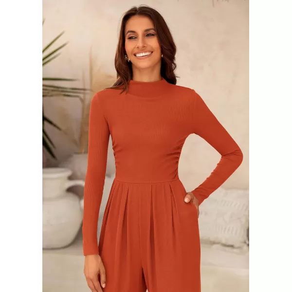 imagePRETTYGARDEN Womens Jumpsuit Dressy Casual One Piece Outfits Long Sleeve Mock Neck Wide Leg Pants RompersBrick Red